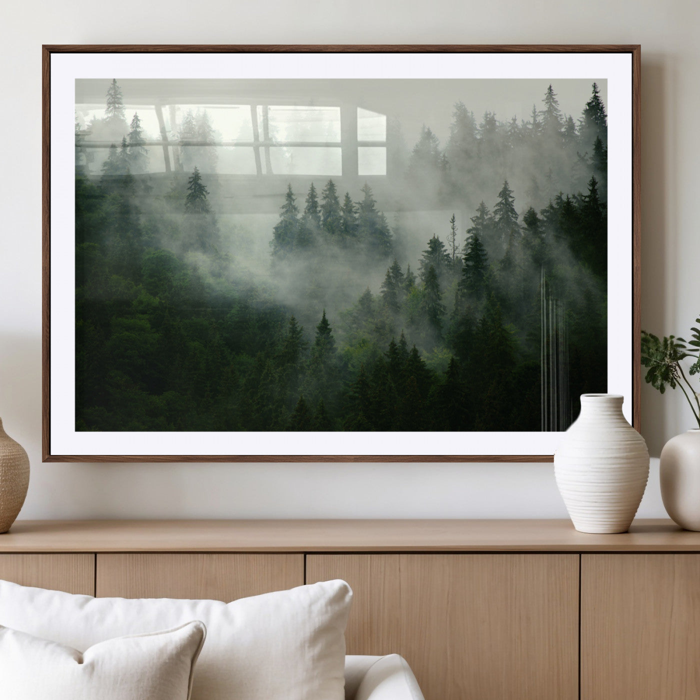 167720496-MGV-CV-36X24-Misty Forest Wall Art – Serene Evergreen Trees Canvas Print, Foggy Mountain Nature Landscape Decor for Bedroom, Living Room or