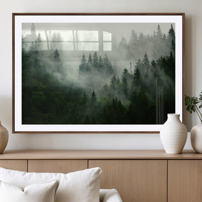 167720496-MGV-CV-36X24-Misty Forest Wall Art – Serene Evergreen Trees Canvas Print, Foggy Mountain Nature Landscape Decor for Bedroom, Living Room or