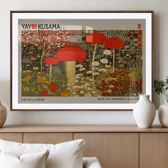 38013-MGV-CV-36X24-Yayoi Kusama Inspired Mushroom Garden Wall Art – Whimsical Botanical Canvas Print, Surreal Nature Poster, Fantasy Floral Artwork