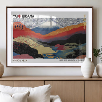 14839-MGV-CV-36X24-Yayoi Kusama Wall Art – Panoramic Mountain & River Canvas Print, Modern Abstract Japanese Landscape Decor for Living Room or