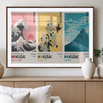 Katsushika-MGV-CV-36X24-Katsushika Hokusai Wall Art Set – The Great Wave, Hydrangea and Swallow, Fine Wind Canvas Prints, Japanese Ukiyo e Style Home and