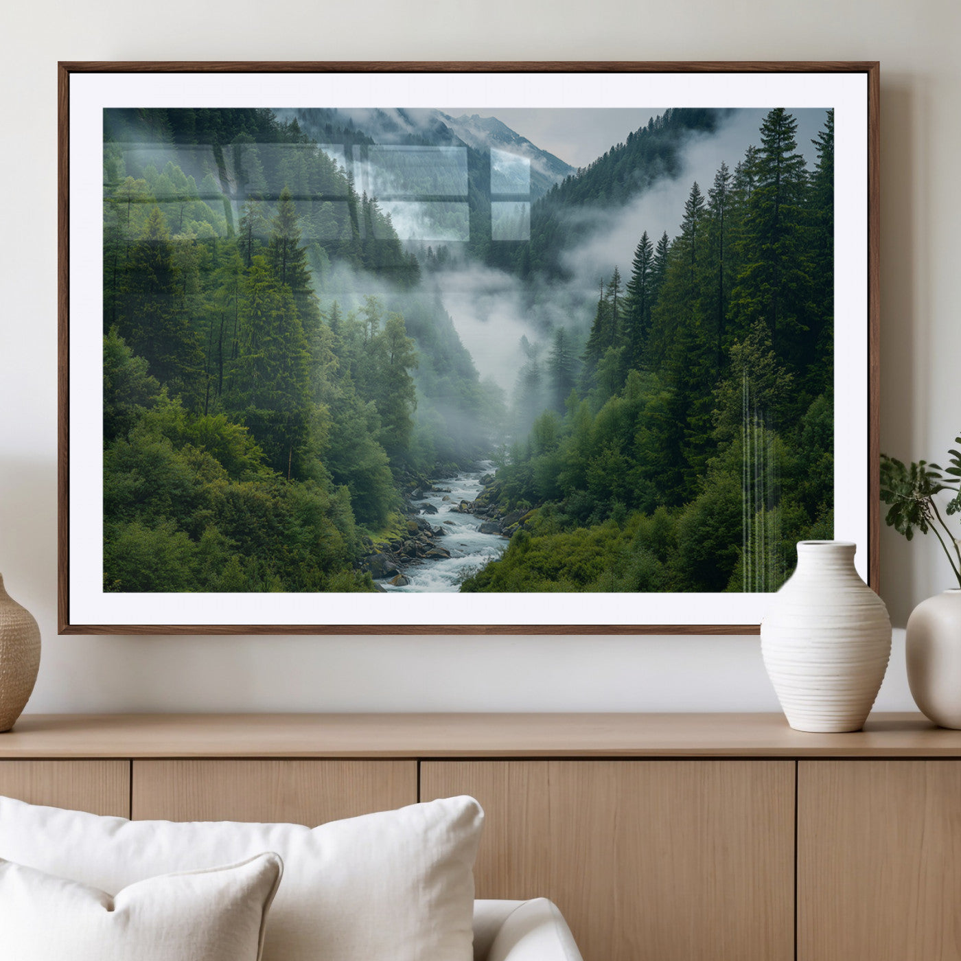 69453-MGV-CV-36X24-Mountain Forest Wall Art – Misty River and Evergreen Landscape Canvas Print, Nature Photography Poster for Living Room, Bedroom,
