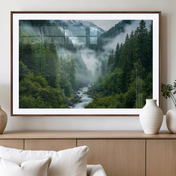 69453-MGV-CV-36X24-Mountain Forest Wall Art – Misty River and Evergreen Landscape Canvas Print, Nature Photography Poster for Living Room, Bedroom,