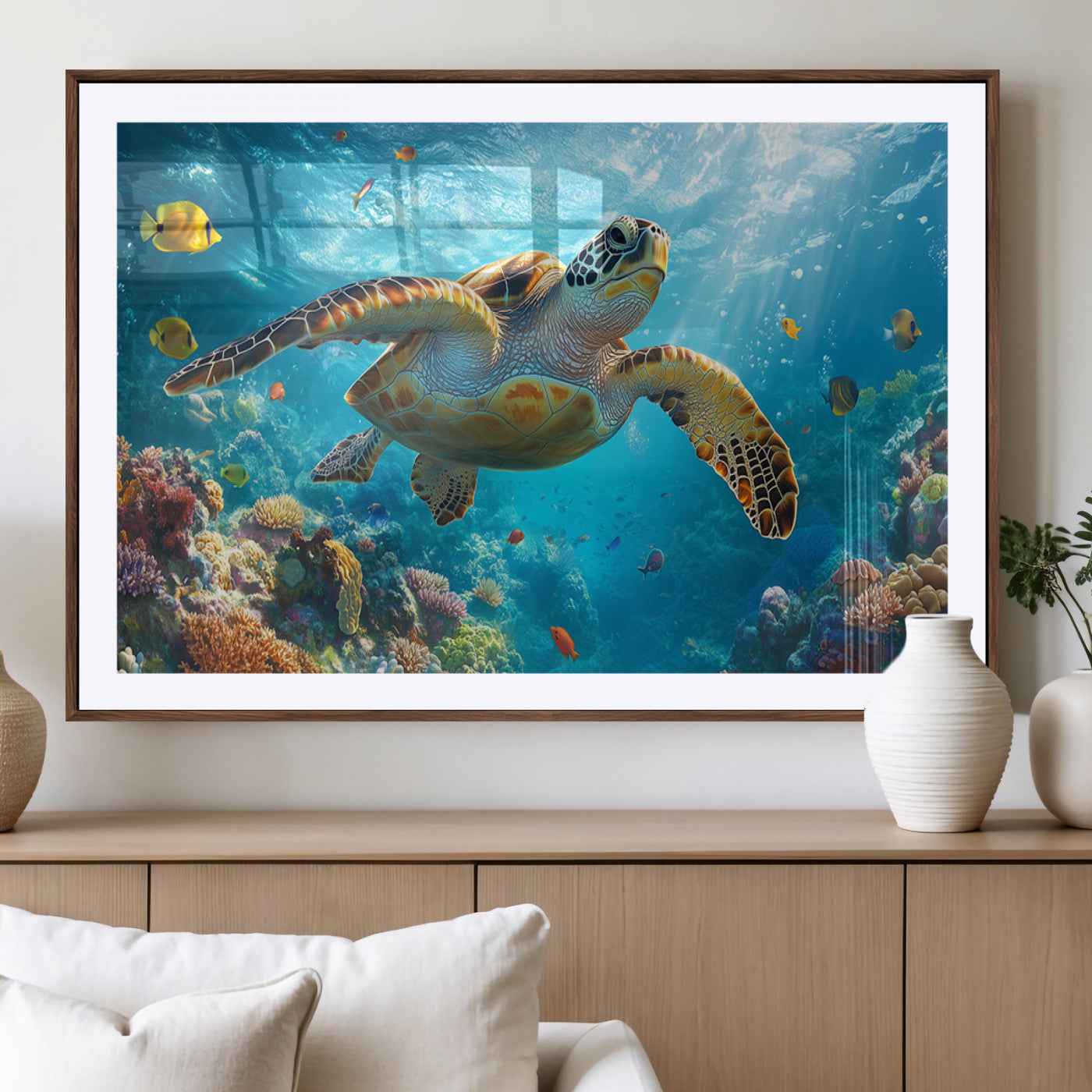 37623-MGV-CV-36X24-Sea Turtle Wall Art – Underwater Ocean Canvas Print with Coral Reef and Tropical Fish, Marine Life Painting Poster for Living