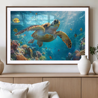 37623-MGV-CV-36X24-Sea Turtle Wall Art – Underwater Ocean Canvas Print with Coral Reef and Tropical Fish, Marine Life Painting Poster for Living