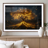 60194-MGV-CV-36X24-Glowing Tree Wall Art – Golden Roots Fantasy Canvas Print, Mystical Illuminated Tree Painting Poster for Living Room, Bedroom,