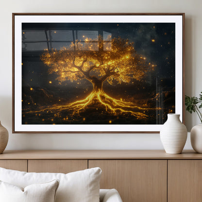 60194-MGV-CV-36X24-Glowing Tree Wall Art – Golden Roots Fantasy Canvas Print, Mystical Illuminated Tree Painting Poster for Living Room, Bedroom,