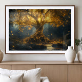 92739-MGV-CV-36X24-Glowing Tree Wall Art – Enchanted Golden Forest Canvas Print, Mystical Illuminated Nature Painting Poster for Living Room,
