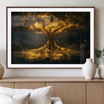 59580-MGV-CV-36X24-Glowing Tree Wall Art – Golden Fantasy Nature Canvas Print, Mystical Illuminated Tree Painting Poster for Living Room, Bedroom,
