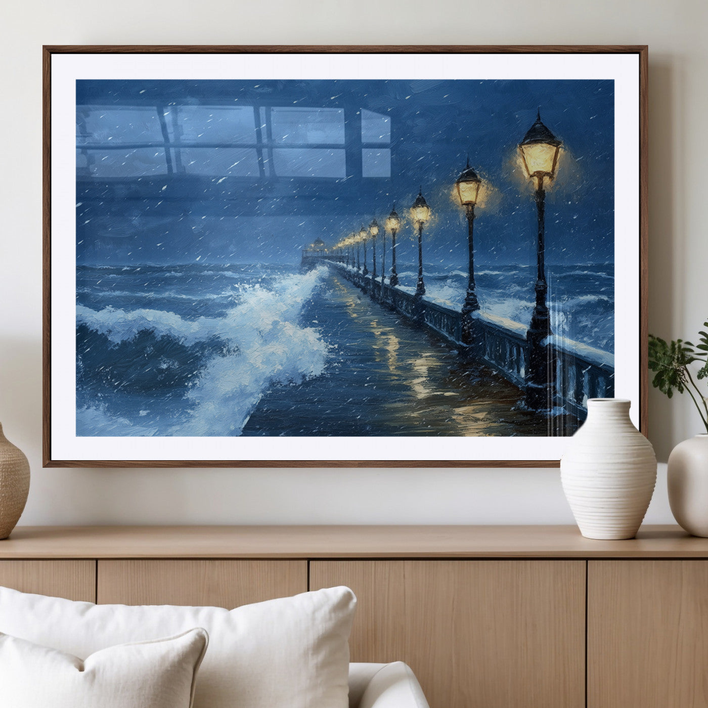 32668-MGV-CV-36X24-Stormy Pier Wall Art – Ocean Waves and Street Lamps Canvas Print, Rainy Night Seascape Oil Painting Poster for Living Room,