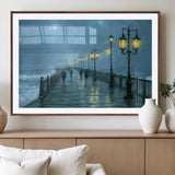 79606-MGV-CV-36X24-Rainy Pier Night Wall Art – Ocean Waves and Street Lamps Canvas Print, Moody Seascape Oil Painting Poster for Living Room,