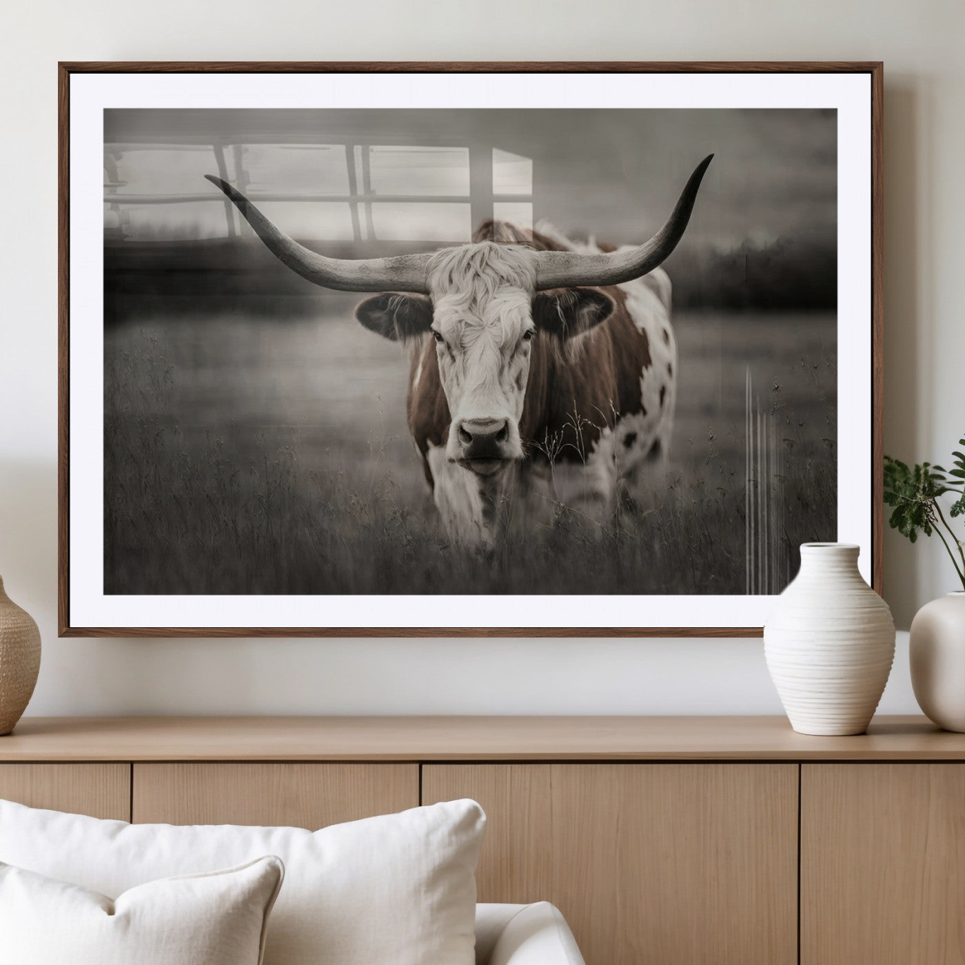 69238-MGV-CV-36X24-Longhorn Bull Wall Art – Rustic Black and White Texas Cattle Canvas Print, Western Farmhouse Animal Photography for Living Room,