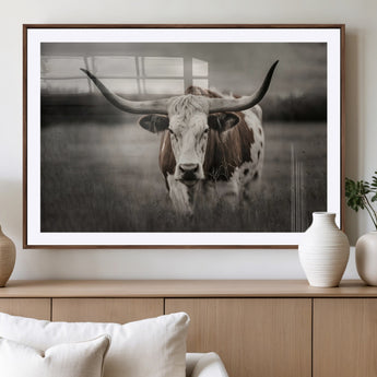 69238-MGV-CV-36X24-Longhorn Bull Wall Art – Rustic Black and White Texas Cattle Canvas Print, Western Farmhouse Animal Photography for Living Room,