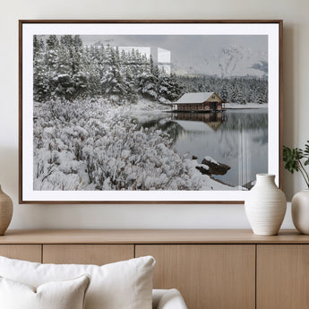 94285-MGV-CV-36X24-Snowy Cabin Wall Art Canvas Print, Framed Winter Cabin Art Picture Print, Mountain Lake Perfect Snowy Nature Decor Artwork