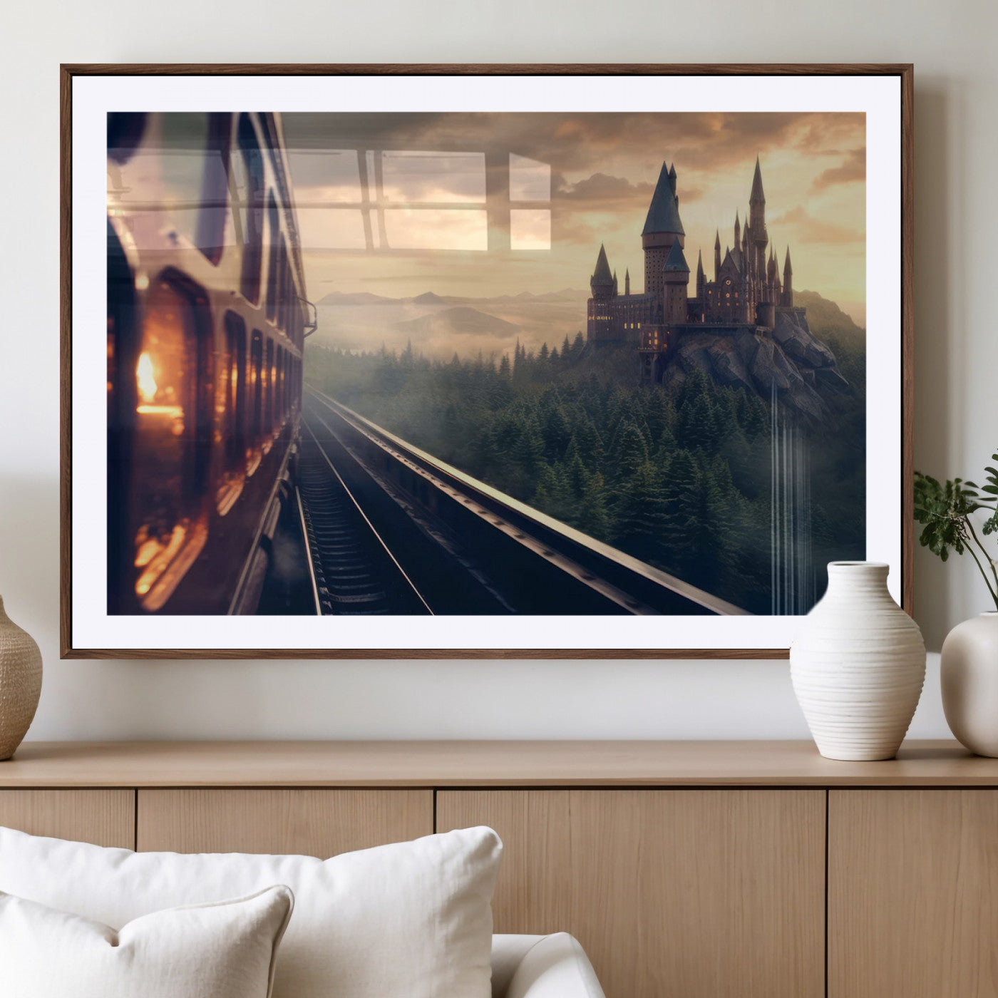 84029-MGV-CV-36X24-Fantasy Castle Wall Art – Magical Train Sunset Forest Canvas Print, Enchanted Landscape Painting Poster for Living Room, Bedroom,