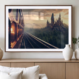 84029-MGV-CV-36X24-Fantasy Castle Wall Art – Magical Train Sunset Forest Canvas Print, Enchanted Landscape Painting Poster for Living Room, Bedroom,