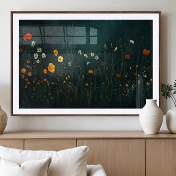 87037-MGV-CV-36X24-Wildflower Wall Art – Dark Botanical Floral Canvas Print, Modern Nature Painting Poster with Daisies Poppies Orange Flowers for