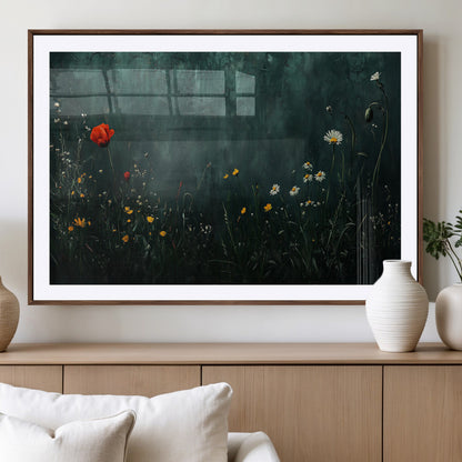 26218-MGV-CV-36X24-Wildflower Wall Art – Dark Botanical Floral Canvas Print, Modern Nature Painting Poster with Daisy Poppy Yellow Flowers for Living