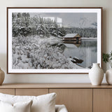 29975-MGV-CV-36X24-Winter Cabin by the Lake Wall Art – Snowy Mountain Landscape Canvas Print, Rustic Lodge Cabin Decor for Cozy Living Room, Bedroom