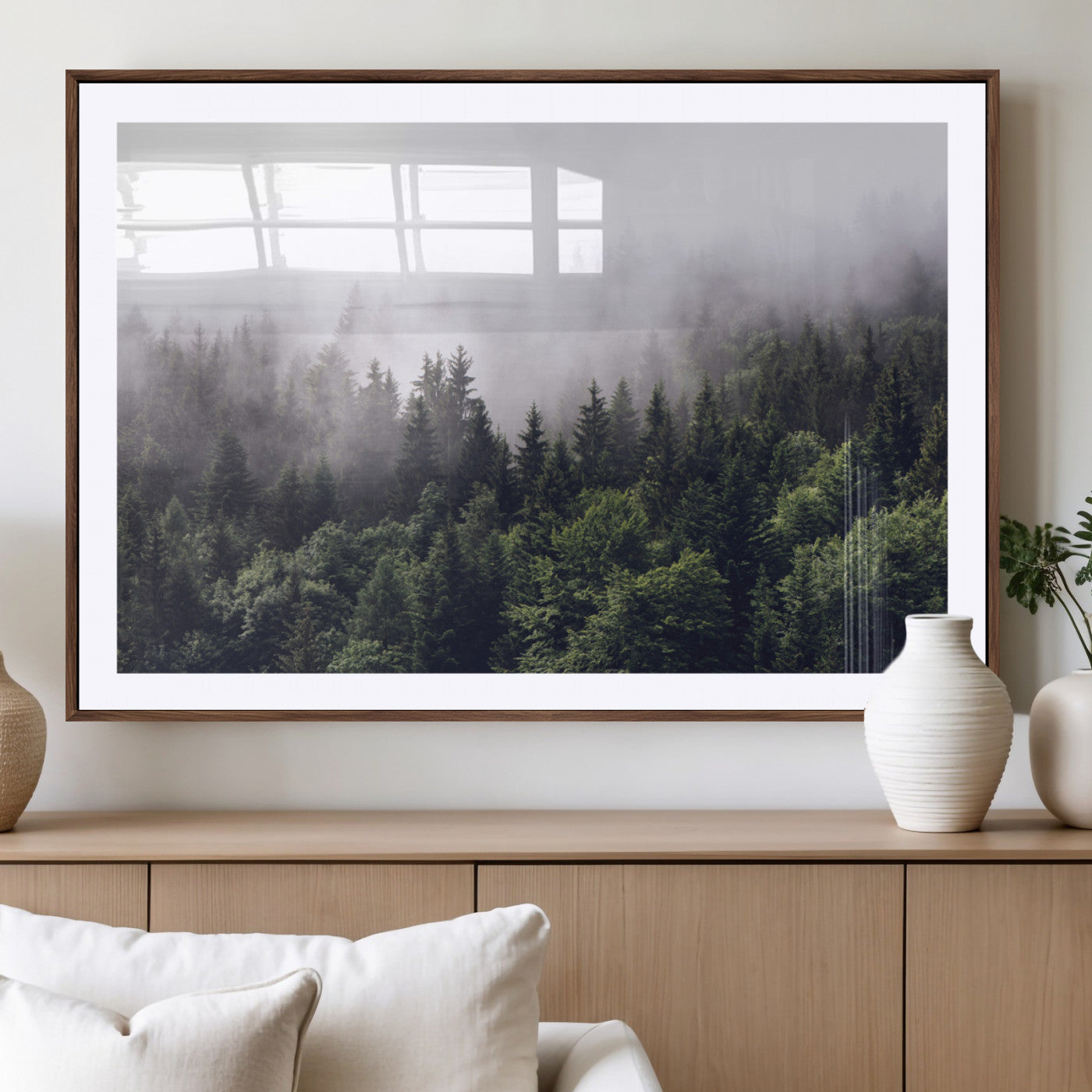 42578900-MGC-FP-36x24_Walnut-Misty Forest Wall Art – Serene Mountain Pine Tree Canvas Print, Nature Landscape Decor for Bedroom, Living Room, Office or Rustic