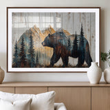 90077-MGV-CV-36X24-Wood Grizzly Bear Wall Art Canvas Print, Framed Abstract Bear Art Picture Print, Bear in Forest Perfect Rustic Lodge Decor Artwork