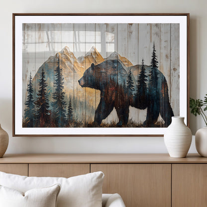 90077-MGV-CV-36X24-Wood Grizzly Bear Wall Art Canvas Print, Framed Abstract Bear Art Picture Print, Bear in Forest Perfect Rustic Lodge Decor Artwork