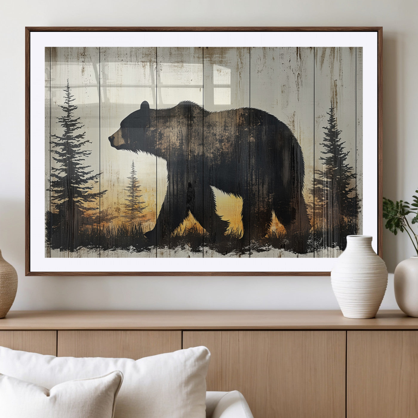 83875-MGC-FP-36x24_Walnut-Sunset Bear Wall Art – Rustic Wildlife Canvas Print with Forest Silhouette, Cabin Lodge Decor for Living Room or Office