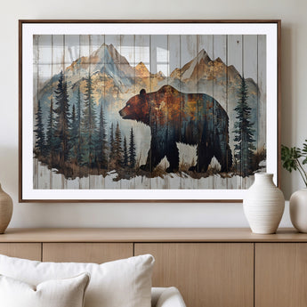 55777-MGC-FP-36x24_Walnut-Rustic Bear Wall Art Canvas Print, Framed Mountain and Forest Art Picture Print, Wooden Bear Perfect Rustic Lodge Decor Artwork
