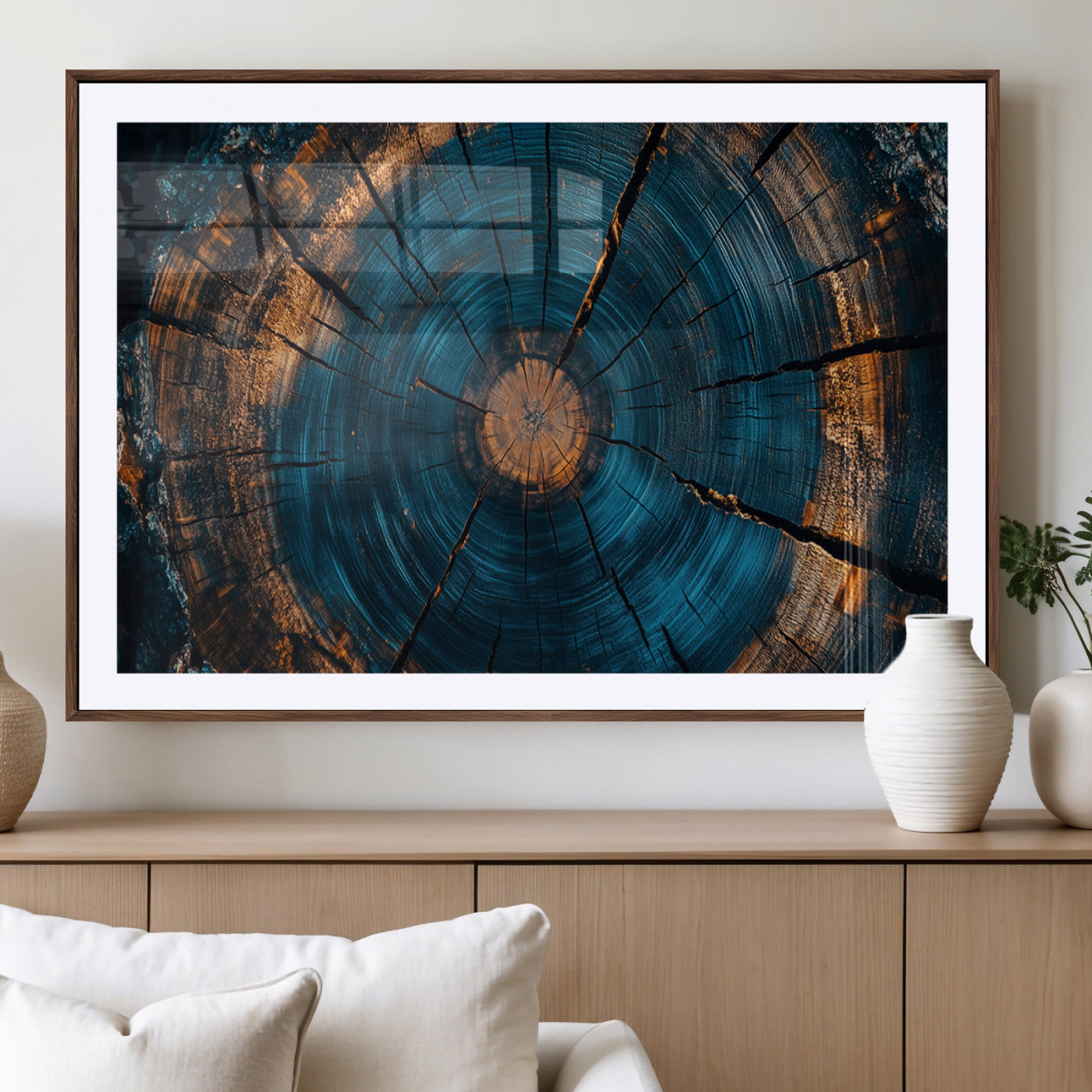 65231-MGV-CV-36X24-Blue and Gold Tree Ring Wall Art – Rustic Abstract Wood Slice Canvas Print, Modern Nature Inspired Artwork for Living Room,