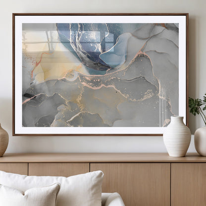 18176-MGV-CV-36X24-Abstract Fluid Wall Art – Modern Marble Ink Canvas Print with Blue, Gold, and Gray Tones, Contemporary Minimal Artwork Decor for