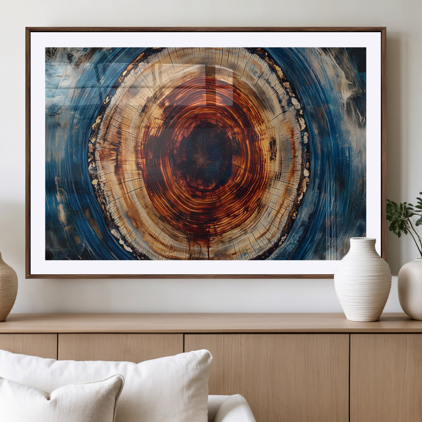90395-MGV-CV-36X24-Tree Ring Wall Art – Abstract Wood Grain Canvas Print with Fiery Red and Blue Tones, Bold Rustic Nature Inspired Artwork Decor for