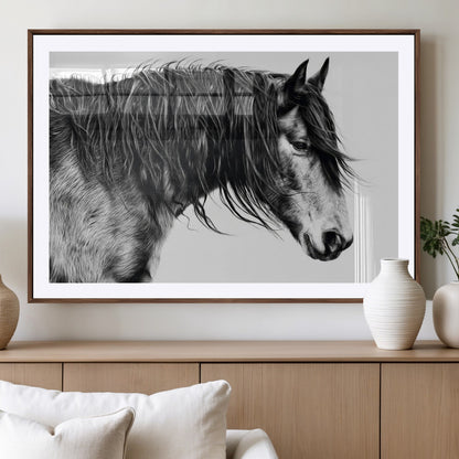 57694-MGV-CV-36X24-Horse Portrait Wall Art – Black and White Canvas Print with Detailed Stallion Profile, Rustic Farmhouse Equestrian Artwork for