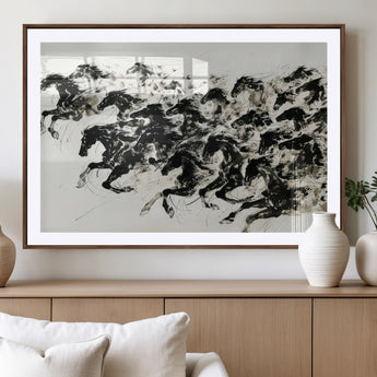 23069-MGV-CV-36X24-Galloping Horses Wall Art – Black Ink Painting on Canvas, Dynamic Equestrian Artwork with Running Stallions, Expressive Modern