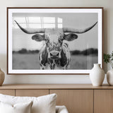 20272-MGV-CV-36X24-Highland Cow Wall Art – Black and White Western Longhorn Canvas Print, Farmhouse Living Room Decor Southwestern Animal Artwork for