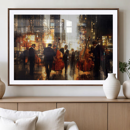 58782-MGV-CV-36X24-Jazz Musicians Cityscape Wall Art – Vibrant Urban Night Canvas Print, Elegant Music Themed Decor for Living Room, Office, or Music