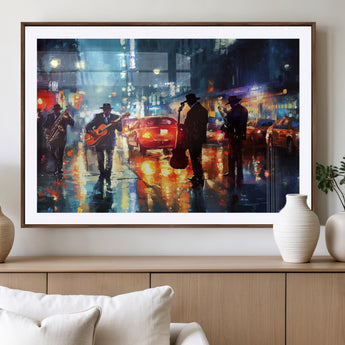 94605-MGV-CV-36X24-City Jazz Night Wall Art – Vibrant Music Canvas Print Featuring Saxophone, Guitar and Bass Players, Urban Street Scene Artwork for