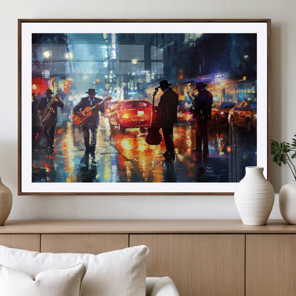 94605-MGV-CV-36X24-City Jazz Night Wall Art – Vibrant Music Canvas Print Featuring Saxophone, Guitar and Bass Players, Urban Street Scene Artwork for