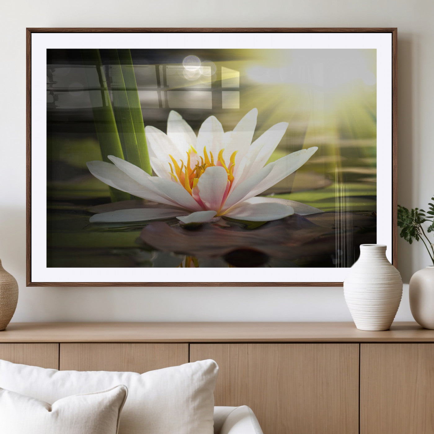 40478-MGV-CV-36X24-Water Lily Wall Art – White Lotus Flower Canvas Print with Sunlight Reflection, Serene Botanical Artwork for Living Room, Bedroom,
