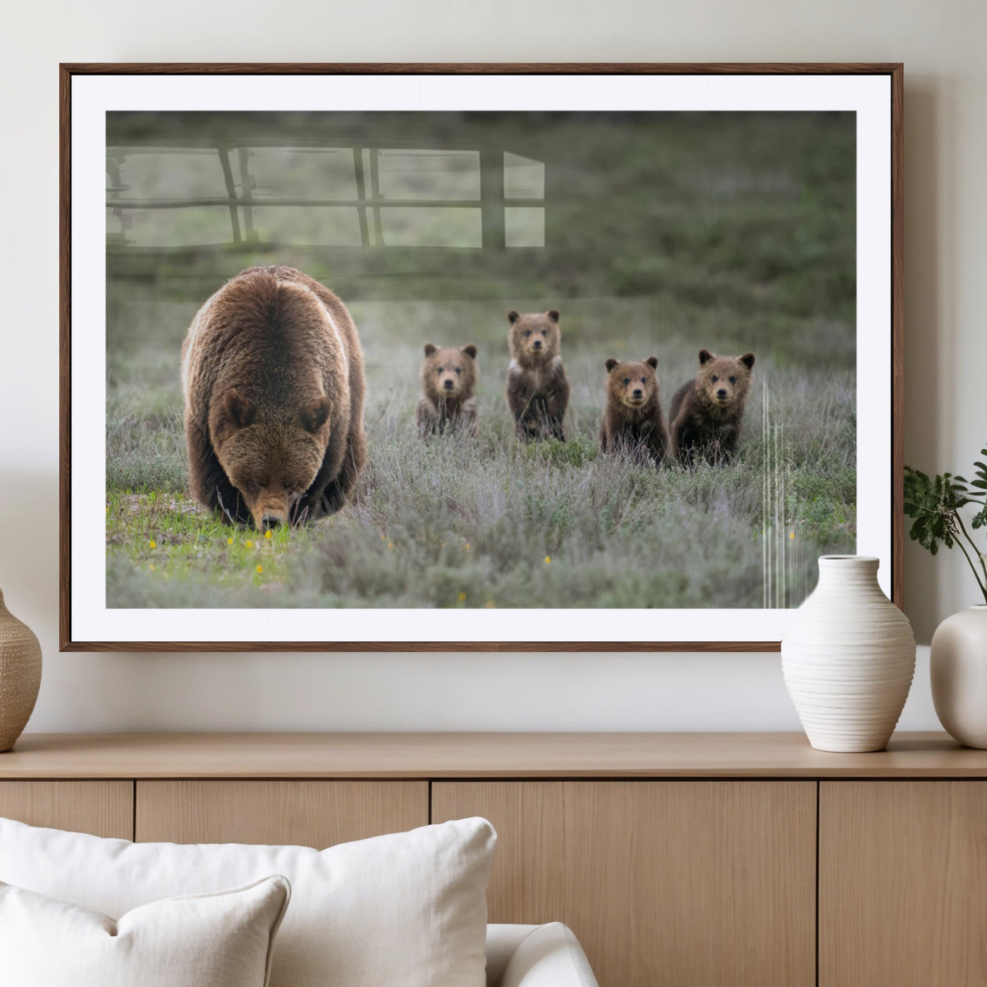 65087B-MGV-CV-36X24-Bear Family Wall Art – Wildlife Canvas Print Featuring Mother Bear with Cubs in Nature, Rustic Animal Artwork for Living Room,