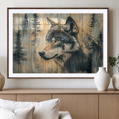 51892-MGV-CV-36X24-Wolf Wall Art – Rustic Canvas Print of Wolf with Forest Trees on Wood Texture, Wildlife Lodge Artwork for Living Room, Bedroom,