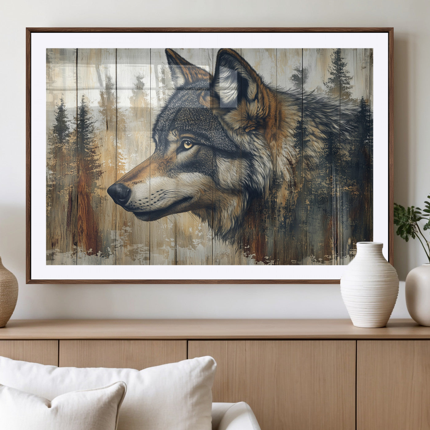 91882-MGV-CV-36X24-Wolf Wall Art – Rustic Canvas Print of Forest Wolf on Wood Background, Wildlife Lodge Artwork for Living Room, Bedroom, Cabin, or