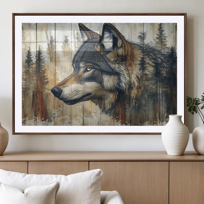 91882-MGV-CV-36X24-Wolf Wall Art – Rustic Canvas Print of Forest Wolf on Wood Background, Wildlife Lodge Artwork for Living Room, Bedroom, Cabin, or