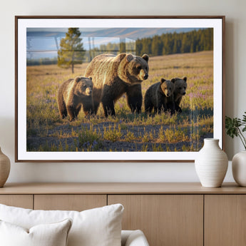 43400-MGV-CV-36X24-Bear Family Wall Art – Wildlife Canvas Print of Mother Bear with Cubs in Sunlit Meadow, Rustic Animal Artwork for Living Room,