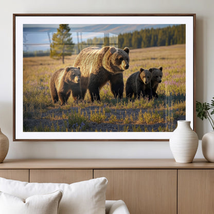 43400-MGV-CV-36X24-Bear Family Wall Art – Wildlife Canvas Print of Mother Bear with Cubs in Sunlit Meadow, Rustic Animal Artwork for Living Room,