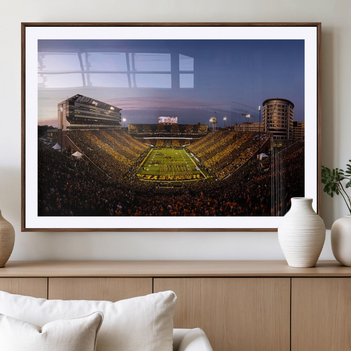 82557-MGV-CV-36X24-College Football Stadium Wall Art – Panoramic Sunset Canvas Print with Marching Band and Game Day Crowd, Sports Artwork for Man