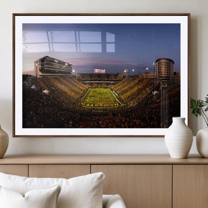 82557-MGV-CV-36X24-College Football Stadium Wall Art – Panoramic Sunset Canvas Print with Marching Band and Game Day Crowd, Sports Artwork for Man
