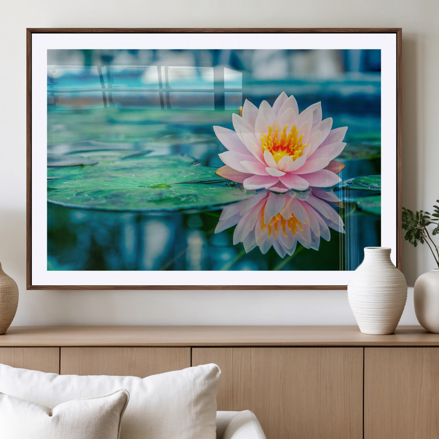 30320-MGV-CV-36X24-Pink Water Lily Wall Art – Lotus Flower Canvas Print with Reflection Water, Peaceful Botanical Artwork for Living Room, Bedroom,