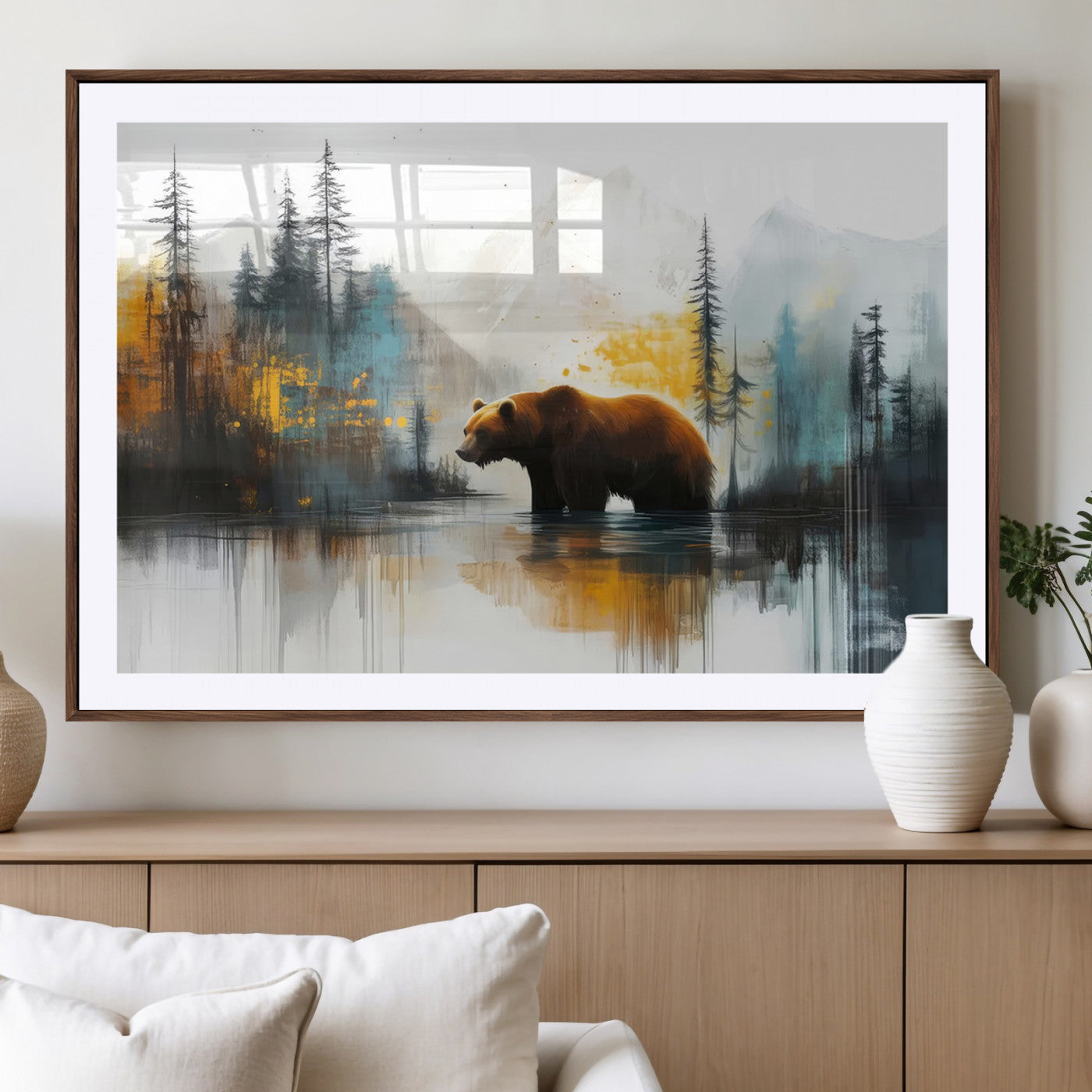 50308-MGV-CV-36X24-Abstract Rustic Bear Wall Art – Forest and Mountain Scene Canvas Print, Nature Artwork for Modern Farmhouse or Log Cabin Decor