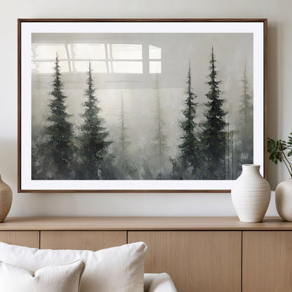 33241-MGV-CV-36X24-Misty Forest Wall Art Canvas Print, Framed Foggy Pines Art Picture Print, Forest Haze Perfect Rustic Minimalist Decor Artwork