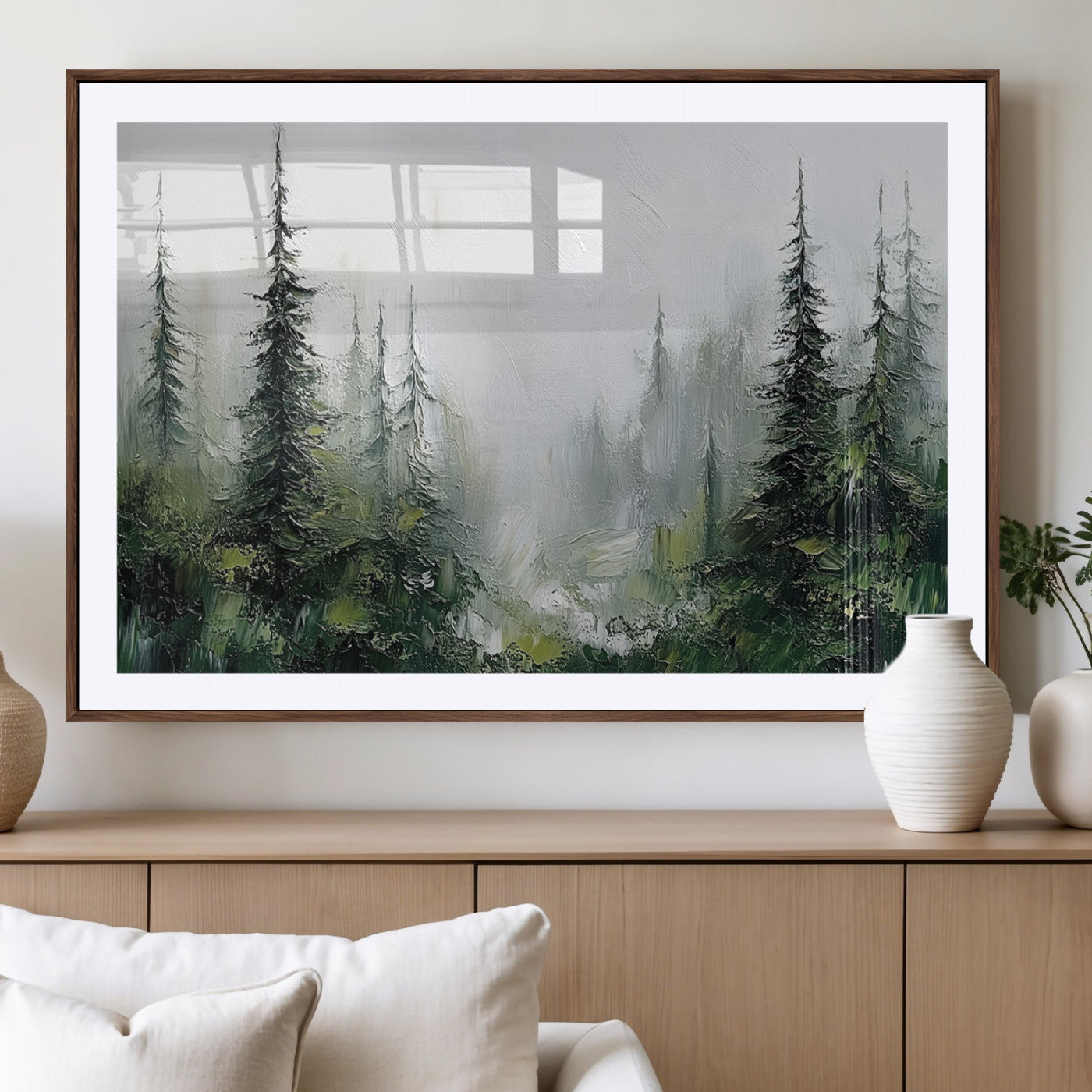 76014-MGV-CV-36X24-Forest Wall Art – Textured Canvas Print Featuring Misty Evergreen Pines and Woodland Landscape, Rustic Nature Artwork for Living